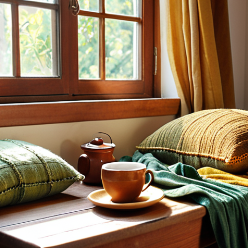 Home 4 **Image Prompt:** A cozy Turkish home interior scene. Hand-dyed, naturally colored textiles (pillow covers, curtains, a throw blanket) in muted, earthy tones (browns, yellows, greens derived from walnuts, onions, and spinach) are displayed. Sunlight streams through the window, highlighting the textures. A skein of naturally dyed yarn sits on a wooden table next to a cup of Turkish tea. The overall atmosphere is warm, inviting, and handcrafted.