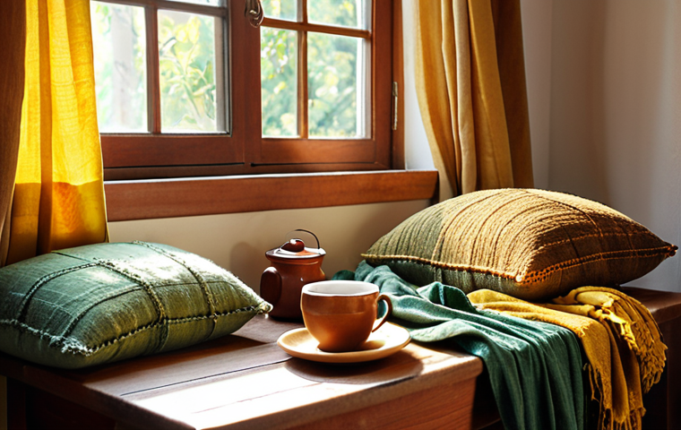 **Image Prompt:** A cozy Turkish home interior scene. Hand-dyed, naturally colored textiles (pillow covers, curtains, a throw blanket) in muted, earthy tones (browns, yellows, greens derived from walnuts, onions, and spinach) are displayed. Sunlight streams through the window, highlighting the textures. A skein of naturally dyed yarn sits on a wooden table next to a cup of Turkish tea. The overall atmosphere is warm, inviting, and handcrafted.