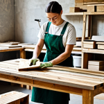 A person diligently working with reclaimed wood, transforming it into a piece of functional furniture in a bright, clean home workshop. The scene shows various stages of the transformation process, with neatly stacked, cleaned waste wood planks, and a partially assembled shelf or small table. Sunlight illuminates the dust from the sanding process. The individual is wearing practical, fully clothed, modest work attire, symbolizing resourcefulness and environmental consciousness. The image conveys economic freedom through DIY and a commitment to sustainable living.