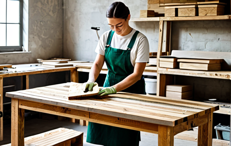 A person diligently working with reclaimed wood, transforming it into a piece of functional furniture in a bright, clean home workshop. The scene shows various stages of the transformation process, with neatly stacked, cleaned waste wood planks, and a partially assembled shelf or small table. Sunlight illuminates the dust from the sanding process. The individual is wearing practical, fully clothed, modest work attire, symbolizing resourcefulness and environmental consciousness. The image conveys economic freedom through DIY and a commitment to sustainable living.