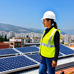 **

"A professional female engineer, fully clothed in modest work attire (jeans, work boots, high-visibility vest, hard hat), inspecting solar panels on a rooftop in Izmir, Turkey. Background: clear blue sky, cityscape. Safe for work, appropriate content, perfect anatomy, natural pose, professional photography, high quality, family-friendly."

**