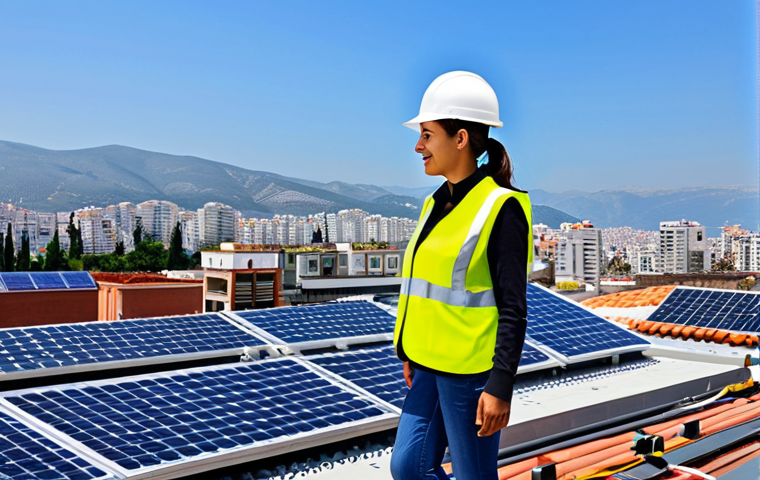 **

"A professional female engineer, fully clothed in modest work attire (jeans, work boots, high-visibility vest, hard hat), inspecting solar panels on a rooftop in Izmir, Turkey. Background: clear blue sky, cityscape. Safe for work, appropriate content, perfect anatomy, natural pose, professional photography, high quality, family-friendly."

**