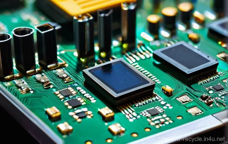 전자제품 재사용 가능한 부품 - **Prompt:** A close-up, high-definition photo of a pair of hands (gender-neutral, perhaps wearing li...