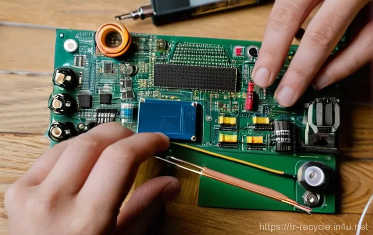 전자제품 재사용 가능한 부품 - **Prompt:** A close-up, high-definition photo of a pair of hands (gender-neutral, perhaps wearing li...