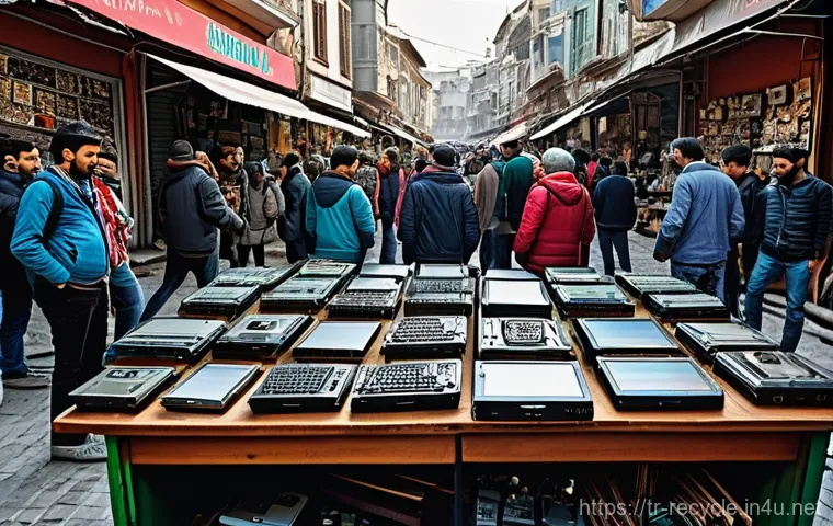 전자제품 재사용 가능한 부품 - **Prompt:** A medium shot, showcasing a person (gender-neutral, wearing casual clothes) intently foc...