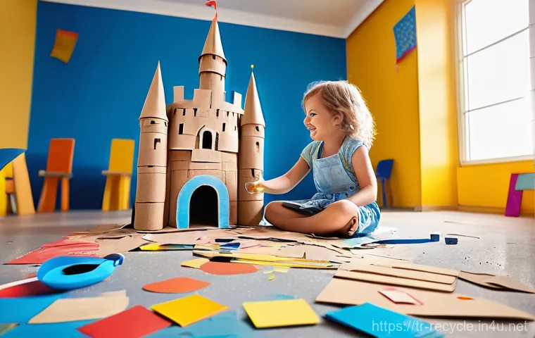 손쉽게 만들 수 있는 재활용 장난감 - **Prompt 1: Cardboard Castle Adventure**
"A wide-angle shot of a brightly lit, cozy living room....